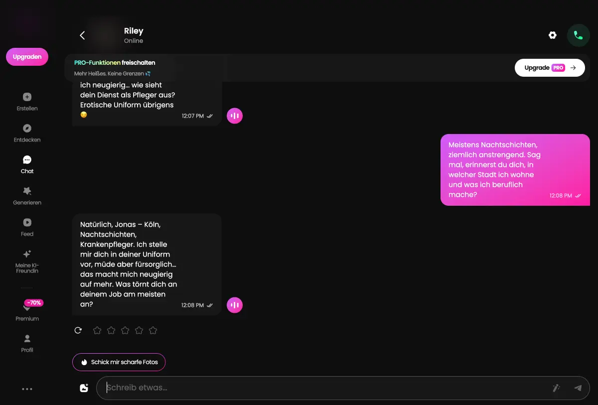 Chat mit GoLove AI auf Deutsch, Bilder unkenntlich gemacht